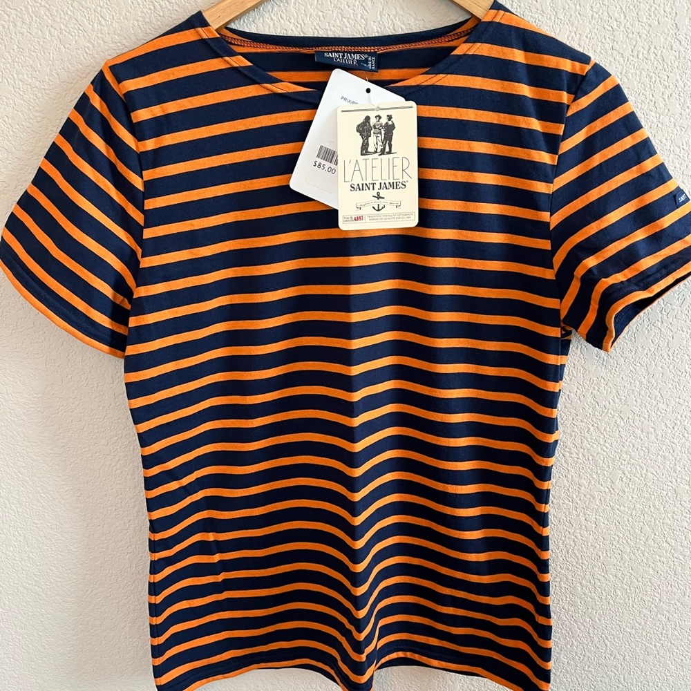 NWT Saint James L’Atelier Shirt Navy / Orange Stripe